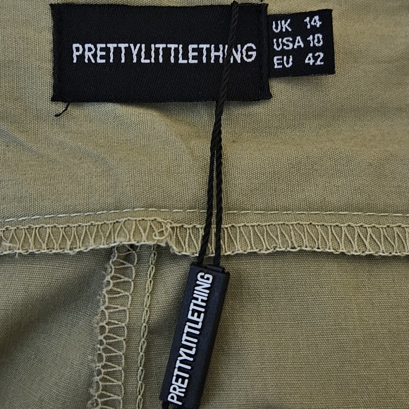 NWT Pretty Little Thing 100% Cotton Pleated Wide Leg Olive Green Pants Size 14 - Picture 5 of 7